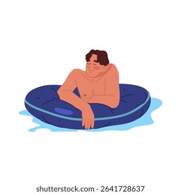 Vector man floating with swimming ring at pool. Summer character relax at water, float at sea or ocean. Male aquatic sunbathing, swim activity. Holiday and vacation, beach recreation. Waterpark sign