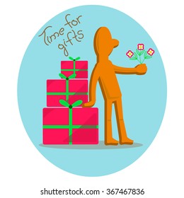Vector man with flowers and gifts
