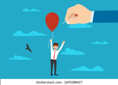 Vector of man flying on red balloon and screaming with fear of falling while crop hand pricking balloon on blue background. Loose the opportunity, risk concept