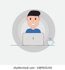 vector of man in front of a laptop and coffee