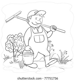 Vector, man gardener with a bucket and a rake work in a garden, contours