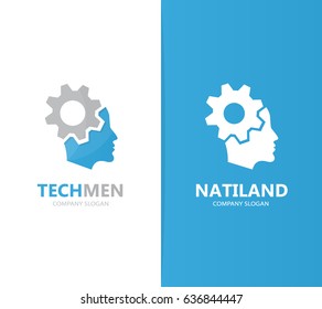 Vector of man and gear logo combination. Face and mechanic symbol or icon. Unique factory and industrial logotype design template.