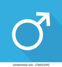 Vector man gender icon in flat style. Long Shadow. White symbol isolated on blue background.