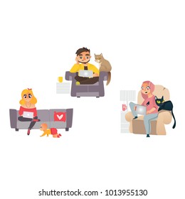 Vector man, girl working from home, remote, freelance work. People sitting at sofa, armchair typing at laptop at knees typing with cat pet, baby toddler near. Isolated illustration, white background