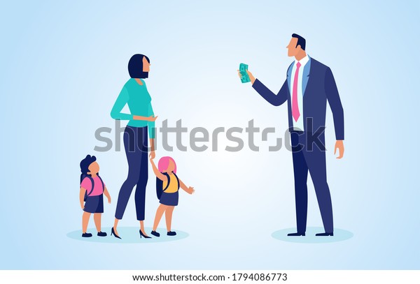 Vector of a man giving money to a former wife to support\
children 