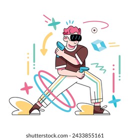 Vector Man Glasses Play Controllers Virtual Reality Cartoon Illustration Isolated