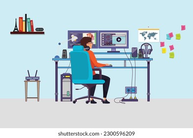 vector man going to video editing online guy sitting in front of computer at table and looking for voyage on summer vacation.