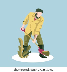 Vector man with green shovel illustration on blue background. Garden picture with gardener