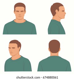  vector man hairstyle ,front, side, profile view of head character