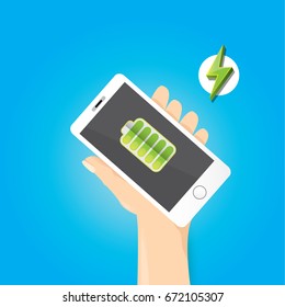 vector man hand holding smartphone with green full battery icon on the screen. 