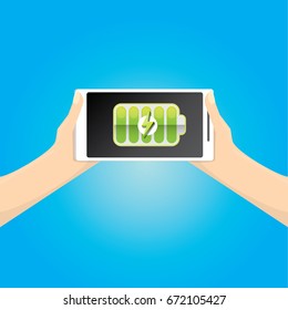 vector man hand holding smartphone with green full battery icon on the screen. 