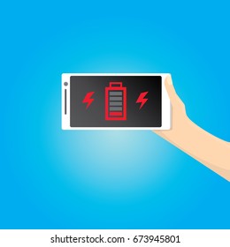 vector man hand holding smartphone with red low battery icon on the screen.