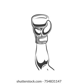 vector man hand raising up in winner pose in boxing glove, black and white monochrome icon. Isolated illustration on a white background. Fighting competition sport symbol.