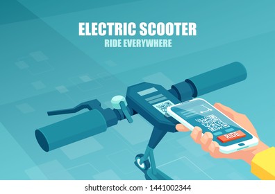 Vector of a man hand with smartphone using mobile app to unlock service to rent an electric scooter 