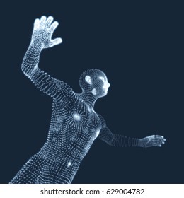 Vector man with hand up to stop. Human showing stop gesture. 3D model of man. 3D vector illustration. 