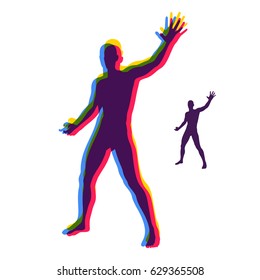Vector man with hand up to stop. Human showing stop gesture. Silhouette of a standing man. Vector illustration. 