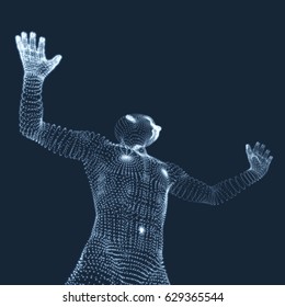 Vector man with hand up to stop. Human showing stop gesture. 3D model of man. 3D vector illustration. 