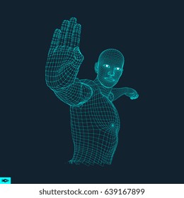 Vektormann mit Hand bis zum Anschlag. Menschliches Erscheinen stoppt Geste. 3D-Modell des Menschen. 3D-Vektorgrafik. 