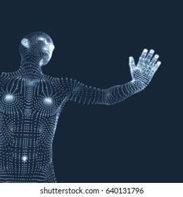 Vector con mano para parar. Gesto de paro de la muestra humana. Modelo 3D del hombre. Ilustración vectorial 3D. 