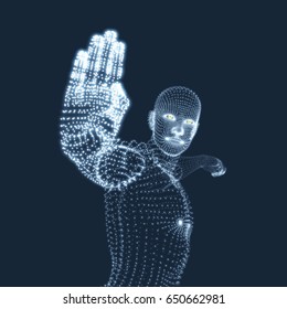 Vector man with hand up to stop. Human showing stop gesture. 3D model of man. 3D vector illustration. 