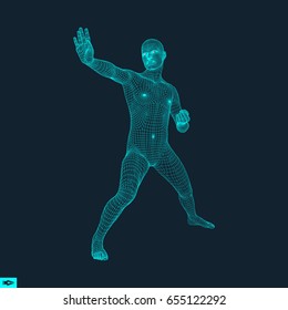 Vector man with hand up to stop. Human showing stop gesture. 3D model of man. 3D vector illustration. 
