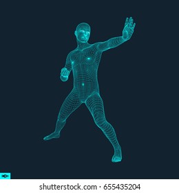 Vector man with hand up to stop. Human showing stop gesture. 3D model of man. 3D vector illustration. 