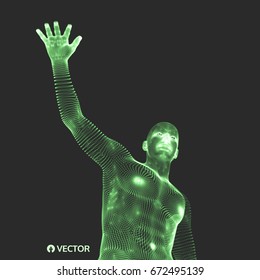 Vector man with hand up to stop. Human showing stop gesture. 3D model of man. 3D vector illustration. 