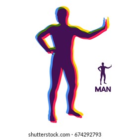 Vector man with hand up to stop. Human showing stop gesture. Silhouette of a standing man. Vector illustration. 