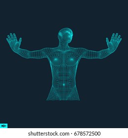 Vector man with hand up to stop. Human showing stop gesture. 3D model of man. 3D vector illustration. 