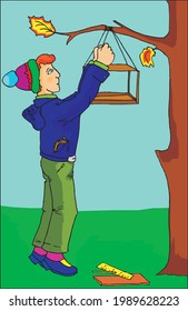 vector of a man hanging cage on tree
