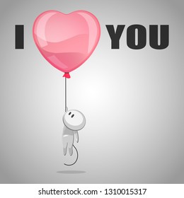 Vector man hanging on a ball in the shape of a heart