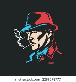 vector de un hombre en un sombrero fumando un cigarro. Ilustración vectorial de estilo retro de noir man. silueta con combinación de colores en el diseño