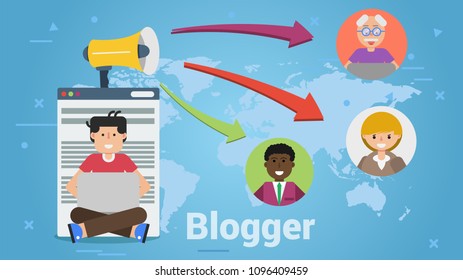 Vector of man having blog in nternet and sharing ideas and news with reader all over the world.