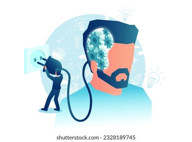 Vector of a man head with gear mechanisms inside being power plugged into a socket. Brain productivity boost concept 