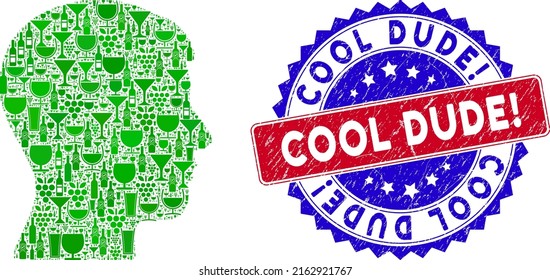 Vector man head profile icon wine mosaic and grunge bicolor Cool Dude. stamp. Red and blue bicolored imprint with grunge texture and Cool Dude. tag.