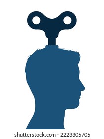 Vector of man head with windup key, depicting lack of energy and fatigue, manipulation or control, of inspiration and motivation