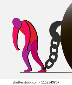 Vector man heavily goes dragging a big heavy weight behind him the concept of illness of the body with people medicine