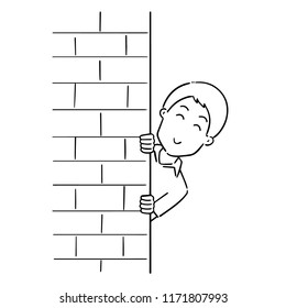 vector of man hiding behind wall