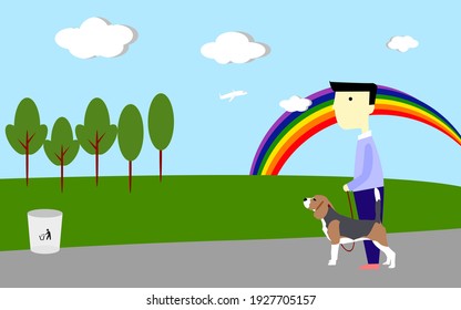 vector a man with his dog in the park with rainbow