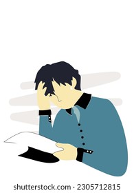 vector of a man holding a paper and holding his head in one hand, indicating a financial crisis