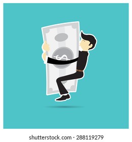 vector Man hugging silver shiny suit on a blue background