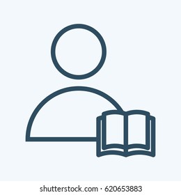 Vector man icon with book pictogram in line art style. Reading man or student illustration for library program