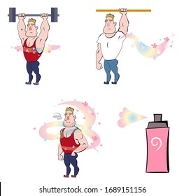 Vector man illustration set using deodorant spray or perfume . advertising doodle funny flat retro cartoon