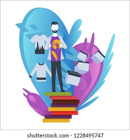 Vector man illustrative powerful online shopping. Virtual store. Color illustration of shopper