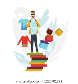 Vector man illustrative powerful online shopping. Virtual store. Color illustration of shopper.Online virtual shopping ecommerce customer service concept. 