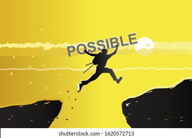 vector man jumping cross the mountain and holding text on his hand on yellow background.success