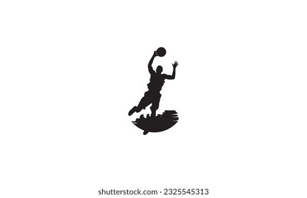 un vector de un hombre saltando para sostener un baloncesto en su mano diseño negro sobre fondo blanco