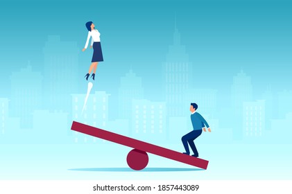 Vector of a man jumping on a seesaw helping a woman to fly up on the other side 