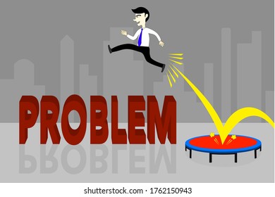 Vector of man is jumping pass wall of problem.