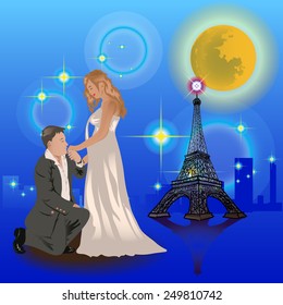 Vector man kisses the hand woman in Paris.